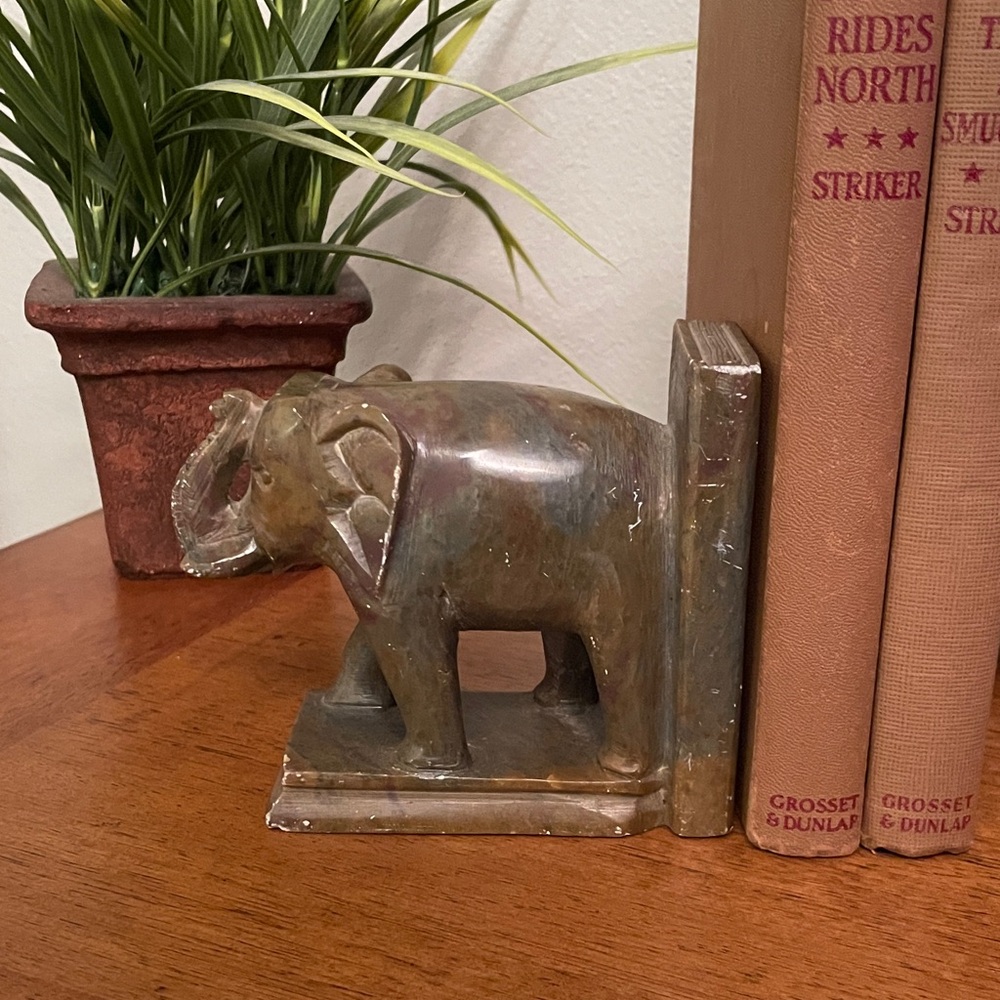 Vintage One Piece Carved Marble Elephant Bookend Art Deco